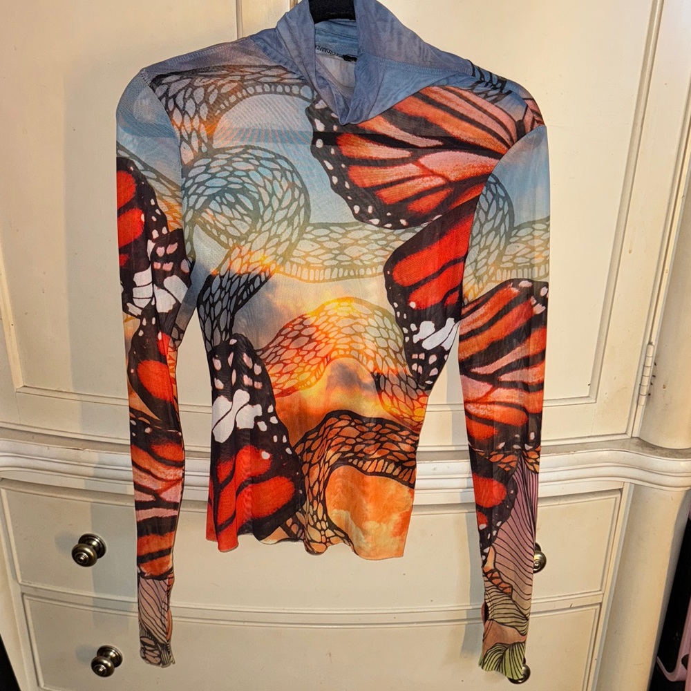 AFRM Long Sleeve Butterfly Print Top in Orange, Black, Blue